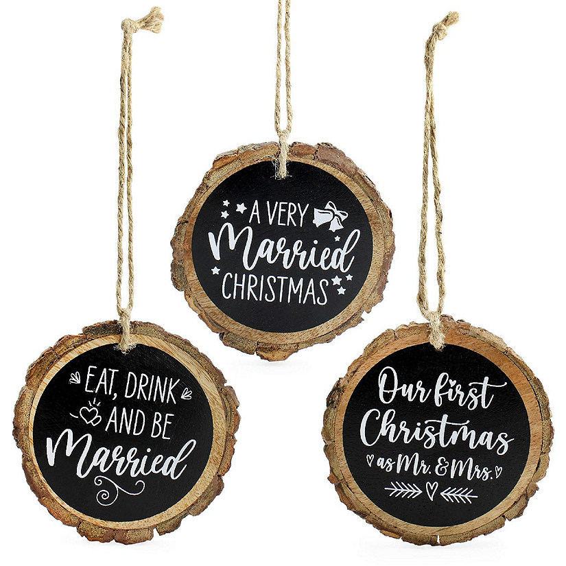 AuldHome First Married Christmas Ornaments (Set of 3); Wood Slice Chalkboard Style Rustic Holiday Decorations for Newlyweds and Wedding Gifts Image