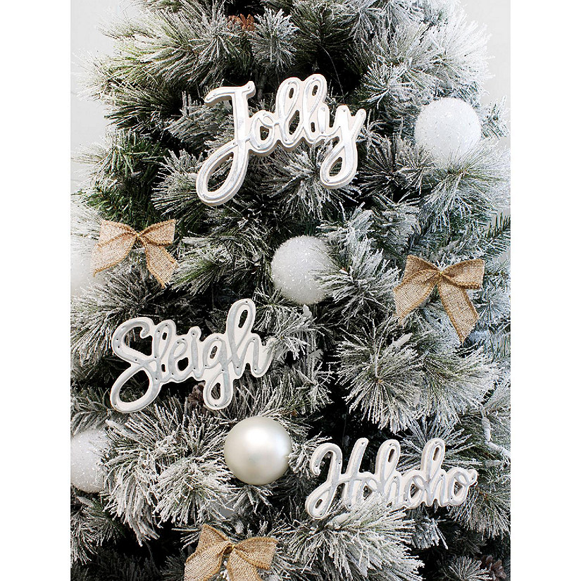 AuldHome Large Farmhouse Christmas Word Art Ornaments in Galvanized Rustic Tin Script with "Jolly", "Sleigh" and "Hohoho", (Set of 3 7-Inch Signs) Image