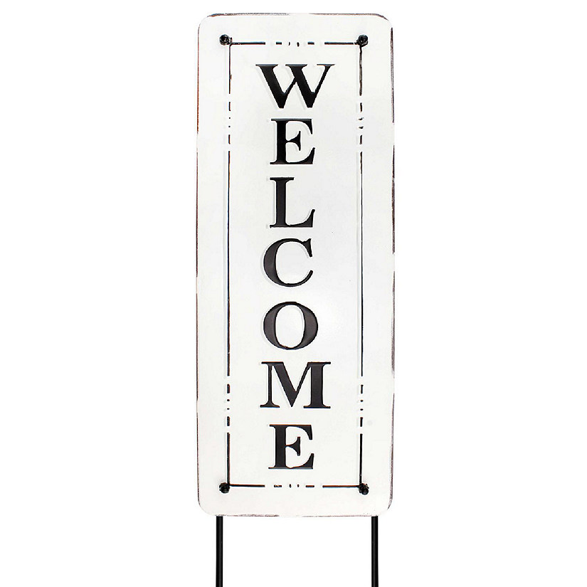 AuldHome Metal Outdoor Welcome Sign; Black and White Enamel Coated Steel Yard Sign Image
