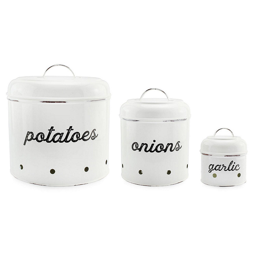 AuldHome Potatoes, Onions and Garlic Canister Set; Rustic White Enamelware Vegetable Storage Containers Image