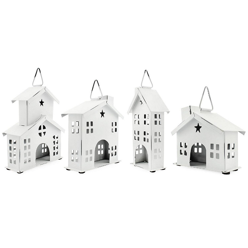 AuldHome Rustic White Tin Ornaments (Set of 4 Houses, White); Vintage Style Metal Christmas Tree Decorations Image
