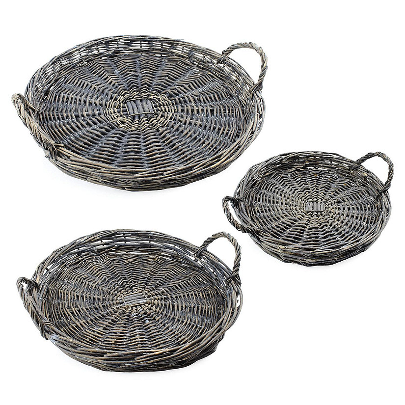 AuldHome Rustic Willow Basket Trays, Set of 3 (Round, Gray Washed); Natural Wicker Decorative Farmhouse Trays Image