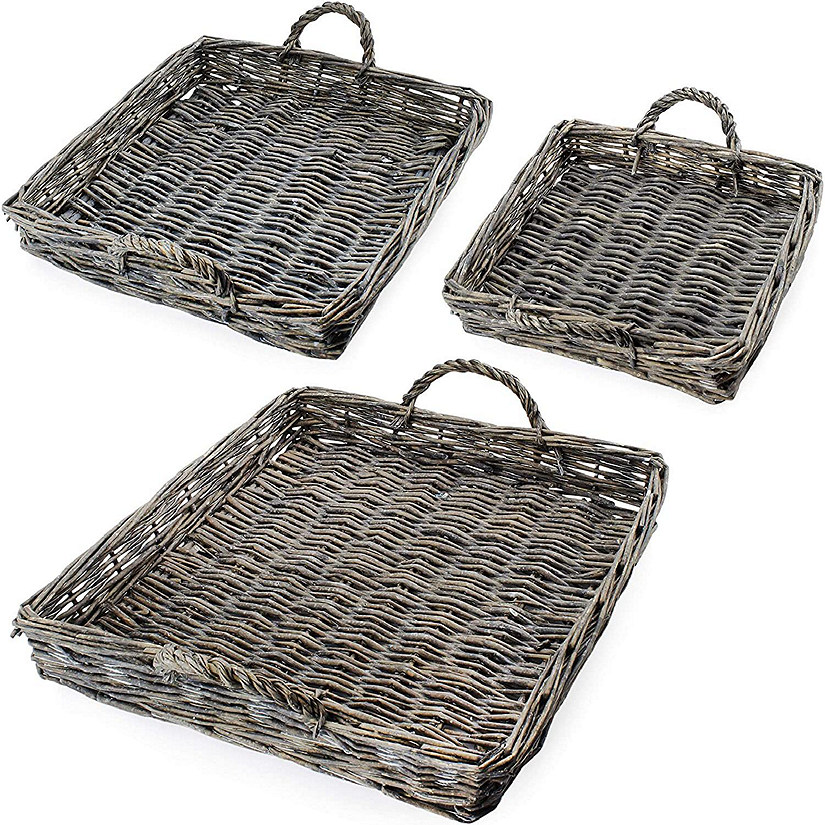 AuldHome Rustic Willow Basket Trays, Set of 3 (Square, Gray Washed); Natural Wicker Decorative Farmhouse Trays Image