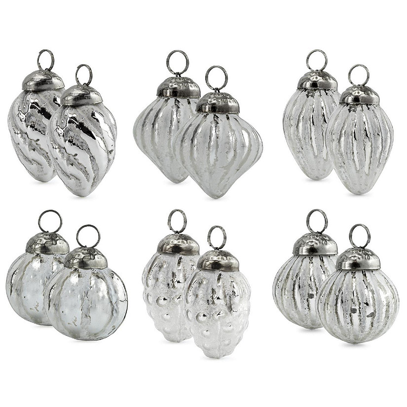 AuldHome Small Glass Finial Ornaments (Set of 12, Silver White); Distressed Metal Antique Style Christmas Decorations; Small to Medium Tree Sized Image