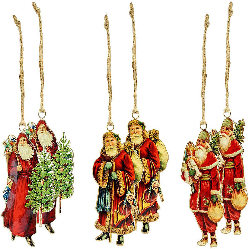 AuldHome Vintage Santa Christmas Ornaments (3 Designs, 6 Ornaments Total); Nostalgic Retro Tree Decorations in Metal Frames Image