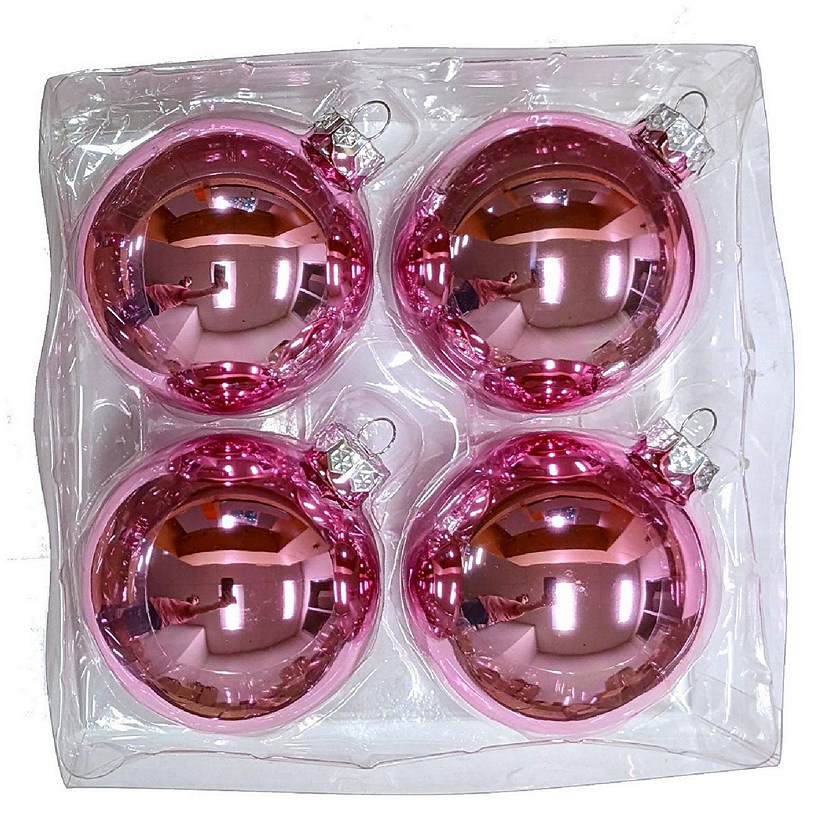 Baby Pink Shiny Glass Ball Christmas Ornaments 3.25 Inch Set of 4 Image
