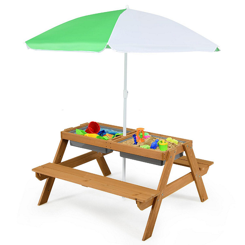 Babyjoy 3-in-1 Kids Picnic Table Outdoor Water Sand Table w/ Umbrella Play Boxes Image