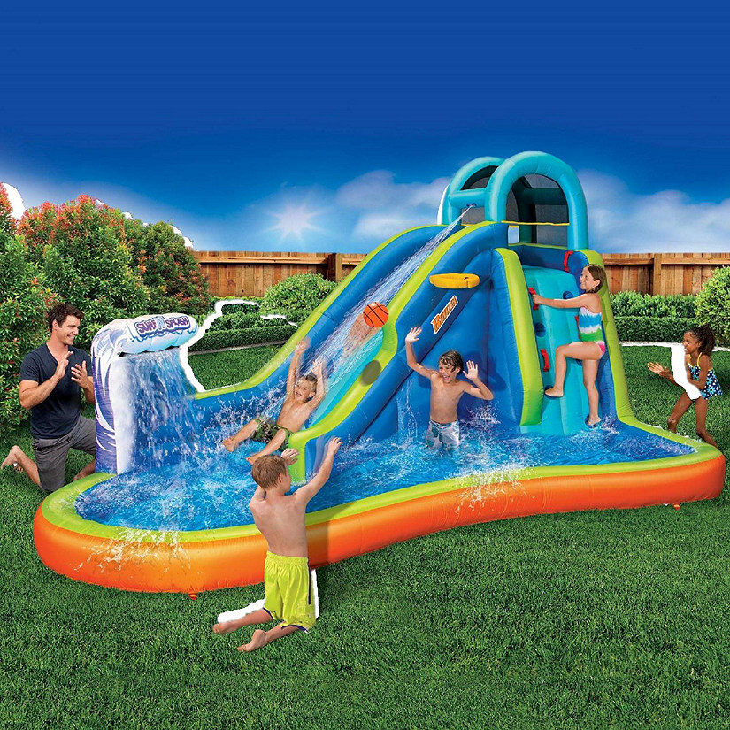 Banzai Inflatable Water Slide - Huge Kids Pool (14 Feet Long by 8 Feet High) with Built in Sprinkler Wave and Basketball Hoop - Heavy Duty Outdoor Aqua Blast Lagoon - Blower Included Image