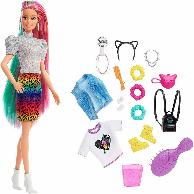 Barbie&#8482; Leopard Rainbow Hair Doll (Blonde) with Color-Change Hair Feature, 16 Hair & Fashion Play Accessories Image