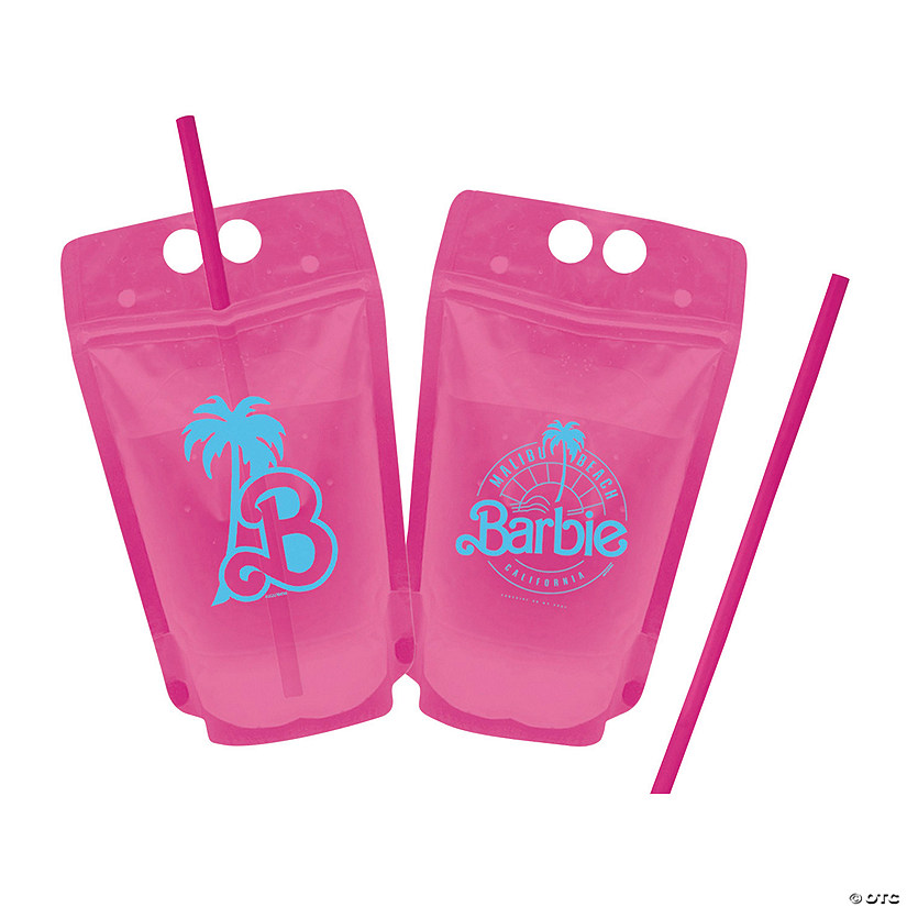 Barbie&#8482; Malibu Beach Pink Reusable Collapsible Plastic Drink Pouches with Straws - 8 Pc. Image