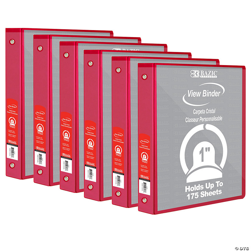 BAZIC Products 3-Ring View Binder with 2 Pockets, 1", Red, Pack of 6 Image