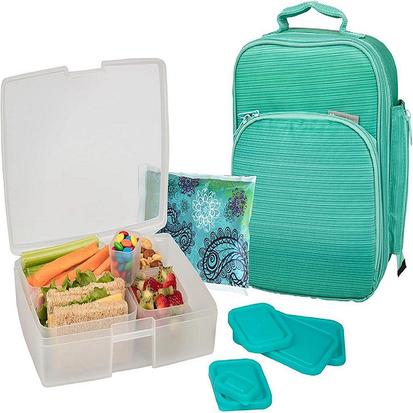 Bentology Lunch Bag and Box Set for Girls, 9 Pieces Total - Kids Insulated Lunchbox Tote, Bento Box, 5 Containers and Ice Pack - Turquoise Image