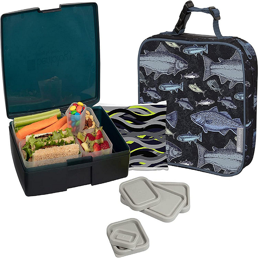 Bentology Lunch Bag and Box Set for Kids - Boys Insulated Lunchbox Tote, Bento Box, 5 Containers and Ice Pack - 9 Pieces - Fish Image