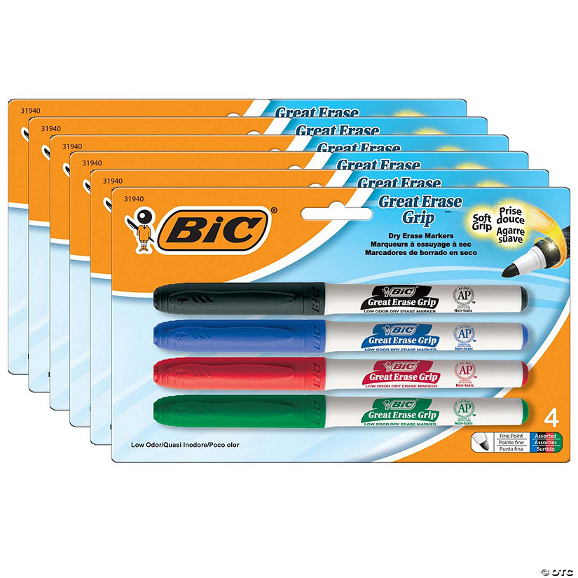 BIC Great Erase Low Odor Dry Erase Markers, Fine Point, Assorted Colors, 4 Per Pack, 6 Packs Image