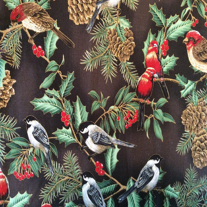 Birds in Pines on Black Holiday Serenade Cotton Image