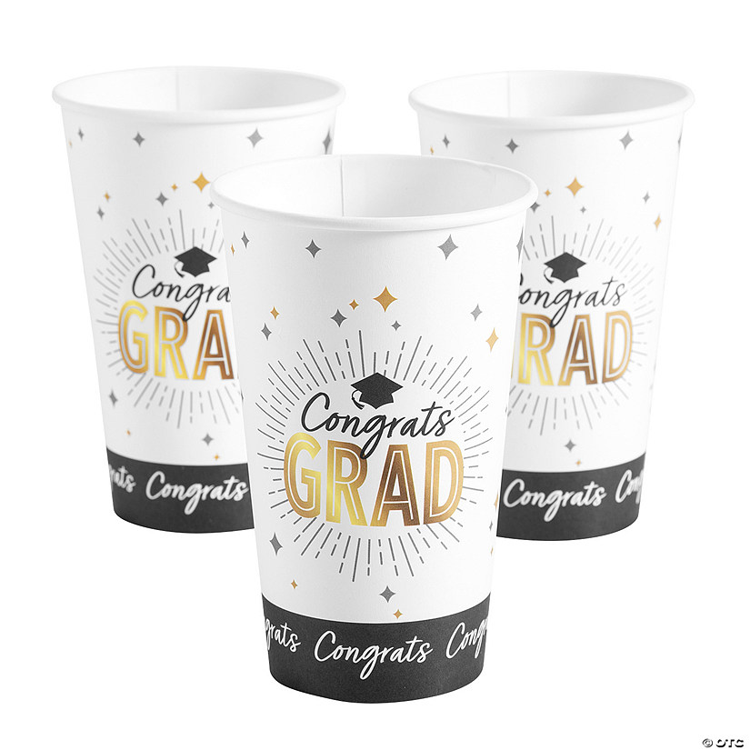 Black & Gold Congrats Graduation Disposable Paper Cups - 25 Ct. Image