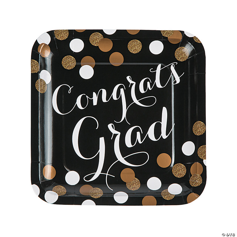 Black & Gold Congrats Graduation Party Square Paper Dinner Plates - 8 Ct. Image