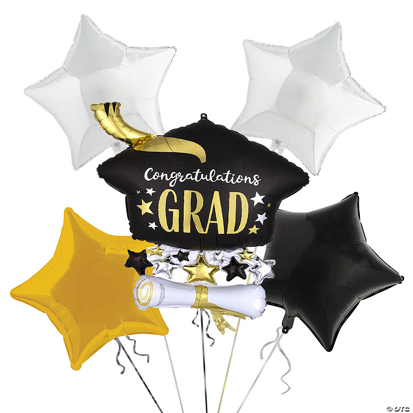 Black & Gold Graduation Congrats Grad Balloon Bouquet - 14 Pc. Image