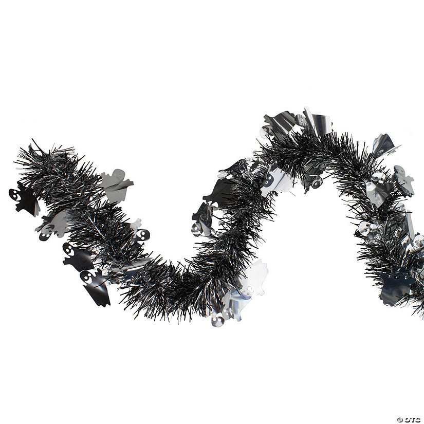 Black and Silver with Ghosts Halloween Tinsel Garland - 50 feet  Unlit Image