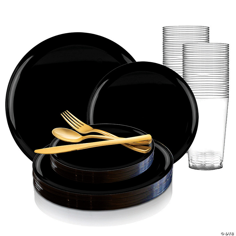 Black Flat Round Disposable Plastic Dinnerware Value Set (120 Settings) Image