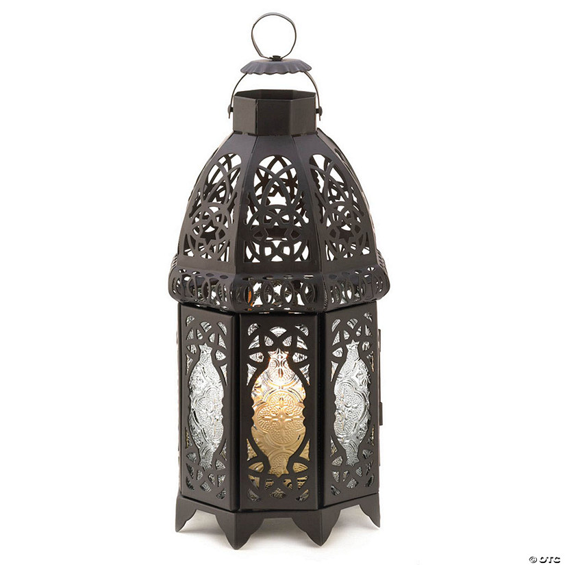 Black Lattice Moroccan Style Hanging Candle Lantern 12" Tall Image