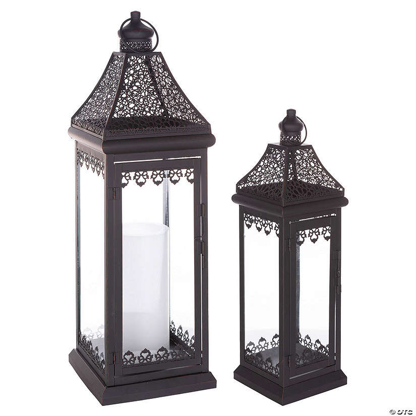 Black Ornate Lantern With Punched Metal Accents (Set Of 2) 18.5"H, 24.5"H Metal Image