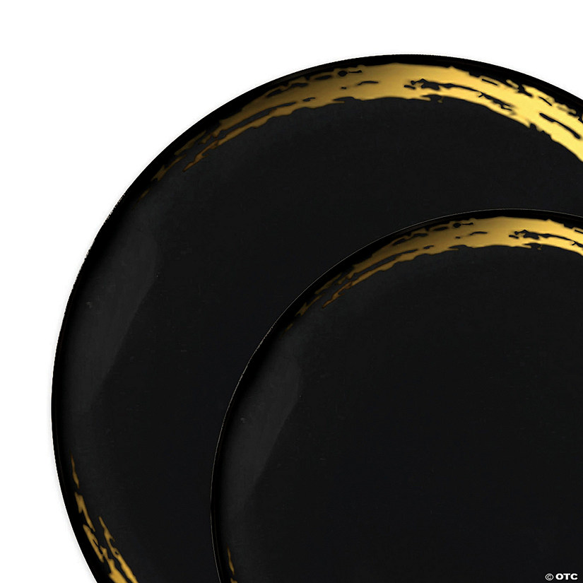 Black with Gold Moonlight Round Disposable Plastic Dinnerware Value Set (40 Dinner Plates + 40 Salad Plates) Image