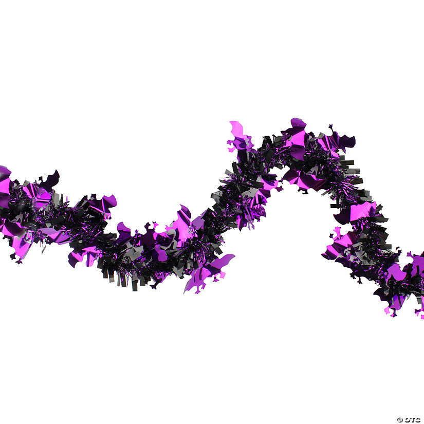 Black with Purple Bats Halloween Tinsel Garland - 50 feet  Unlit Image