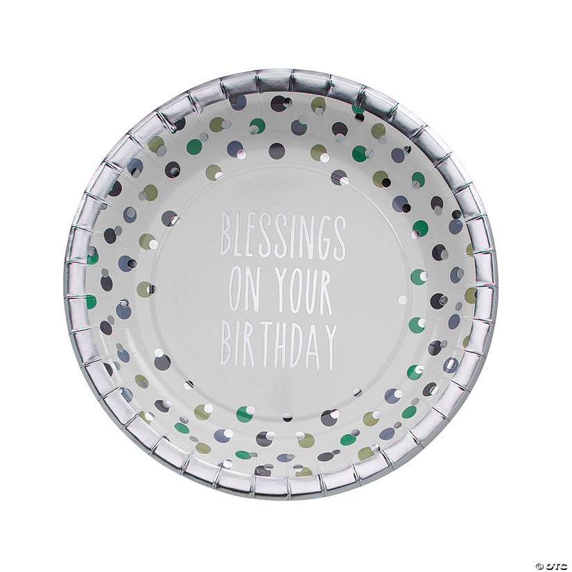 Blessings on Your Birthday Polka Dot Paper Dinner Plates with Silver Trim - 8 Ct. Image