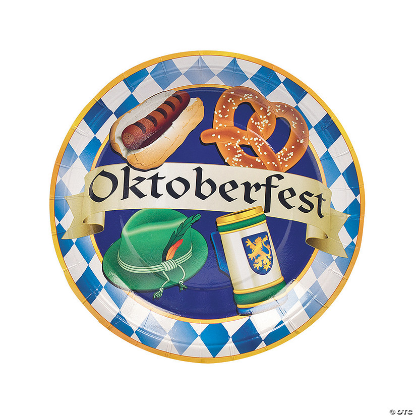 Blue Checkered Oktoberfest Party Paper Dinner Plates - 8 Ct. Image