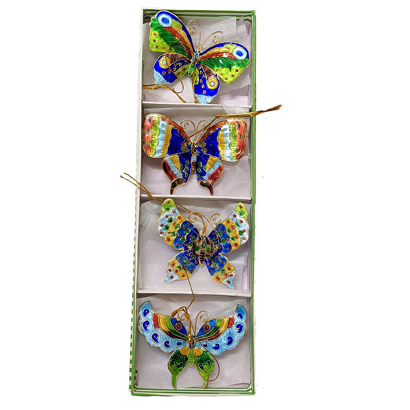 Blue Colorful Butterflies Metal Christmas Tree Ornaments Set of 4 Butterfly Image