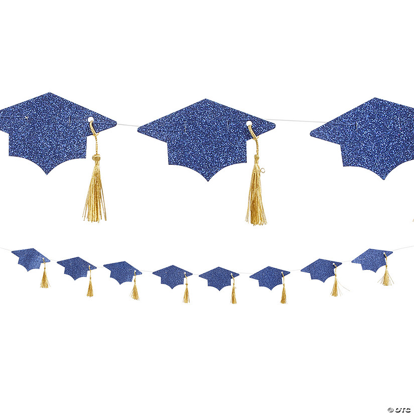 Blue Glitter Tassel & Graduation Cap Party Garland Image