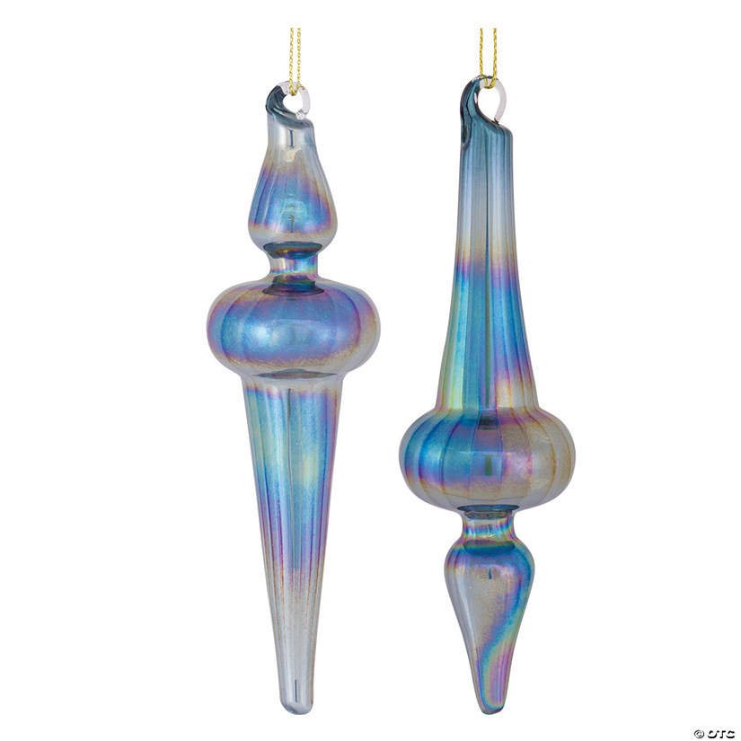 Blue Irredescent Glass Finial Ornament (Set Of 12) 6"H Glass Image