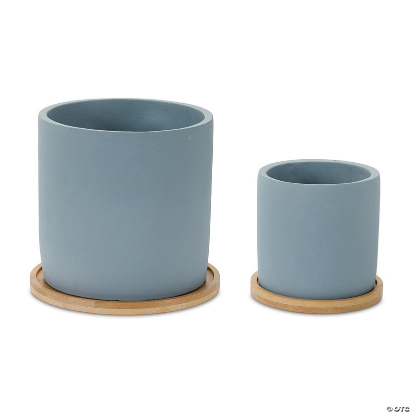 Blue Stone Planter With Wood Plate  (Set Of 2) 4.5"D X 4.25"H, 6.5"D X 6"H Cement Image