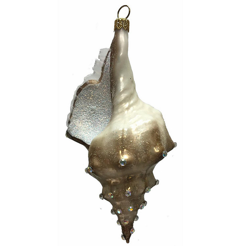 Brown and White Jeweled Seashell Polish Glass Christmas Ornament Shell Coastal Image