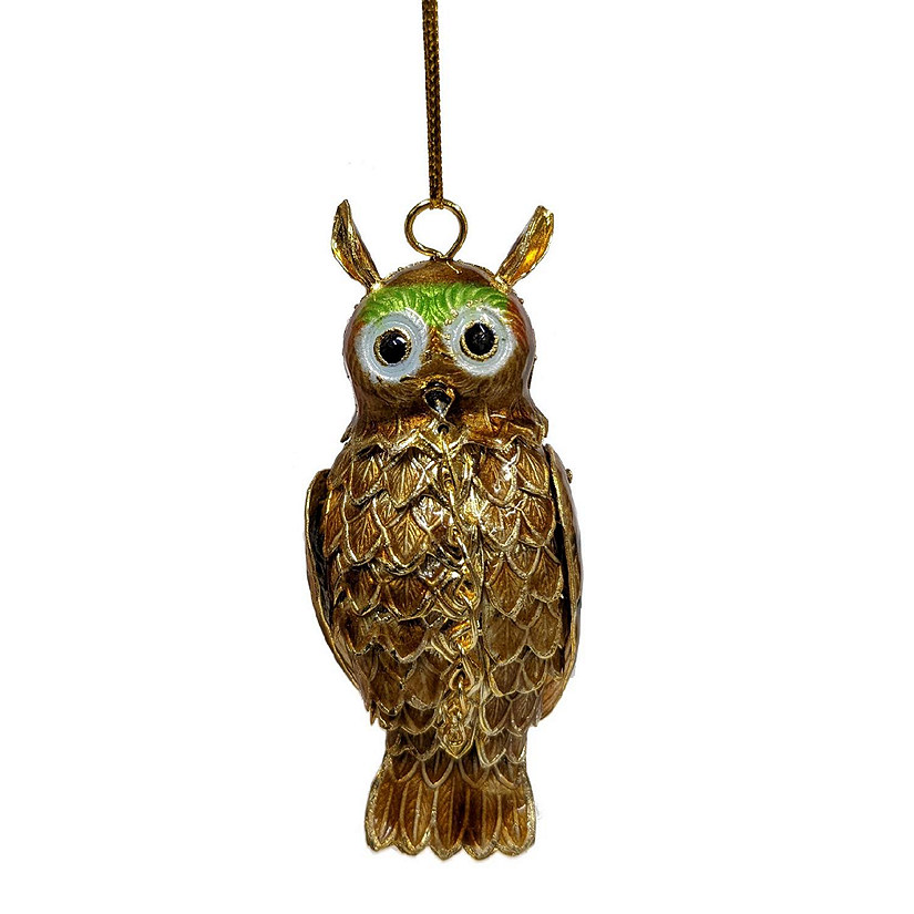 Brown Owl Articulated Cloisonne Metal Christmas Tree Ornament Image
