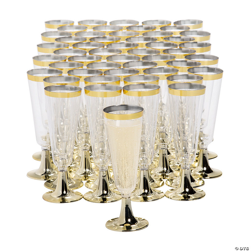 Bulk 100 Pc. Clear Plastic Champagne Flutes with Gold Trim Image
