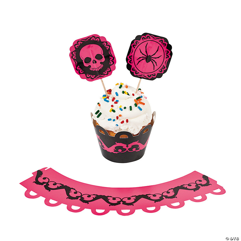 Bulk  100 Pc. Pink & Black Halloween Cupcake Wrappers with Picks Image