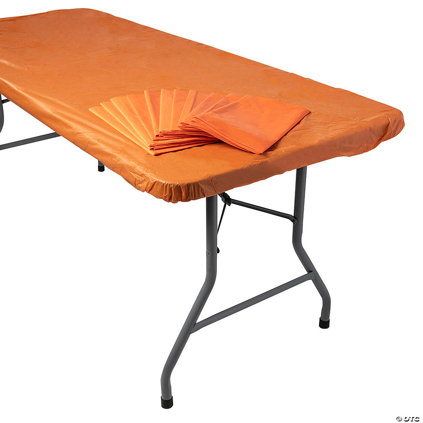 Bulk 12 Pc. 6 Ft. Orange Fitted Rectangle Plastic Tablecloths Image