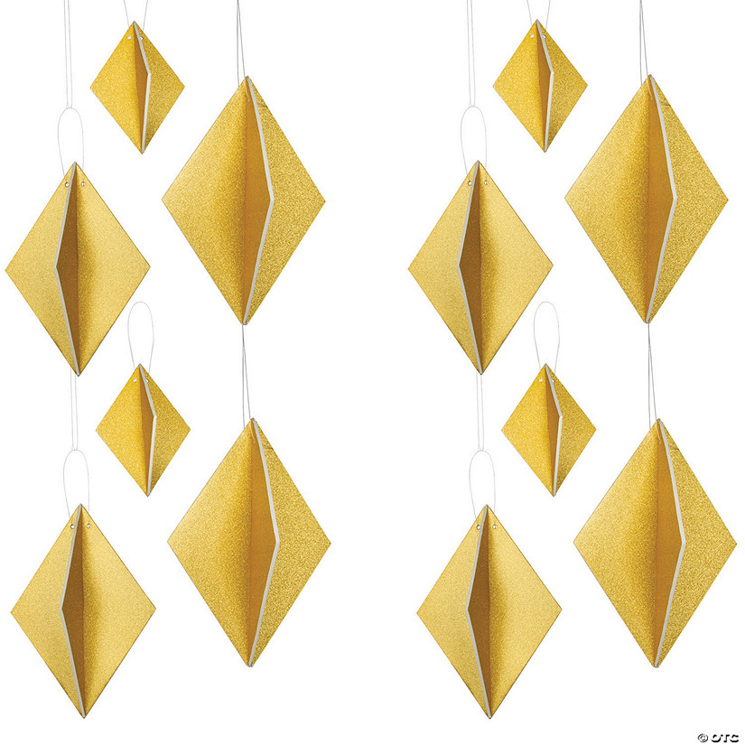 Bulk 12 Pc. Gold Glitter Diamond Hanging Decorations Image