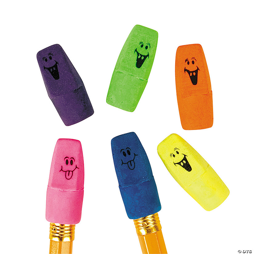 Bulk 144 Pc. Neon Funny Face Pencil Top Erasers Image