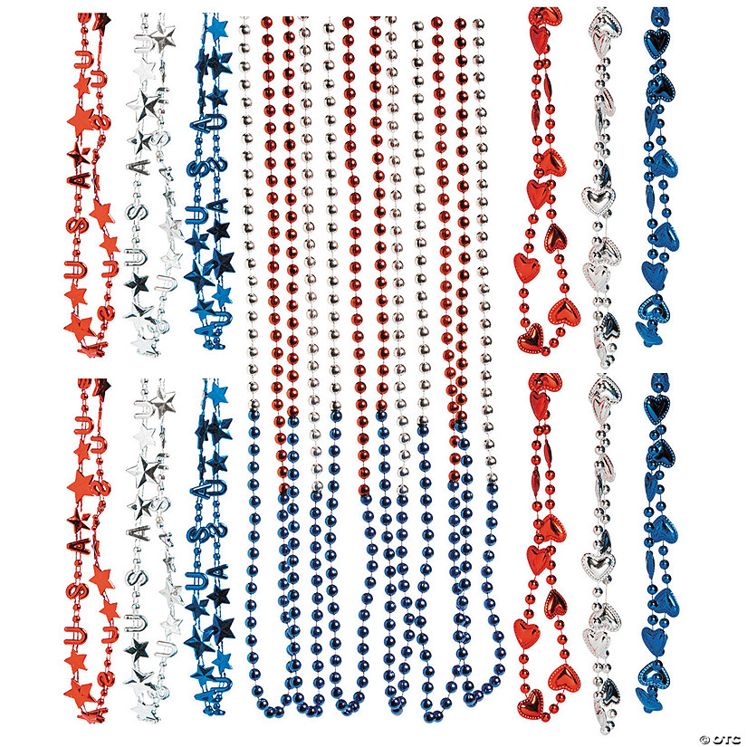 Bulk 144 Pc. Patriotic Red, Blue & Silver Bead Necklace Assortment Image