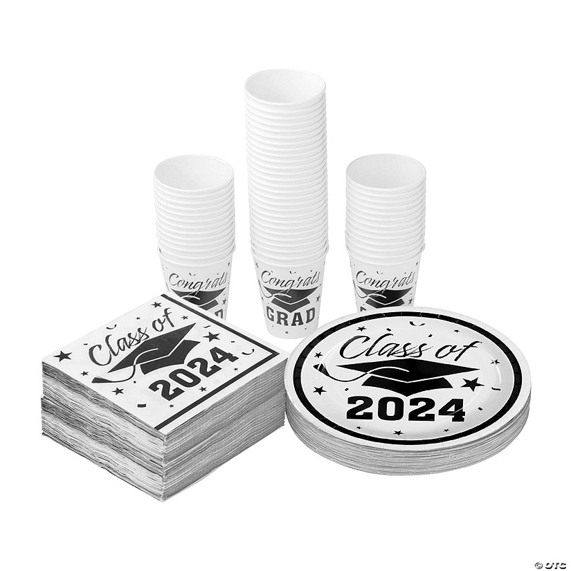 Bulk 200 Pc. Class of 2024 Graduation Party White Disposable Tableware Kits for 50 Guests Image