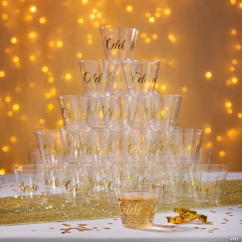 Bulk 200 Pc. Gold Celebrate Clear Plastic Cups Image