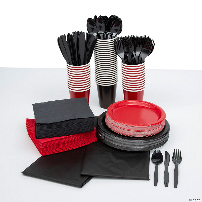 Bulk 396 Pc. Black & Red Disposable Tableware Kit for 48 Guests Image