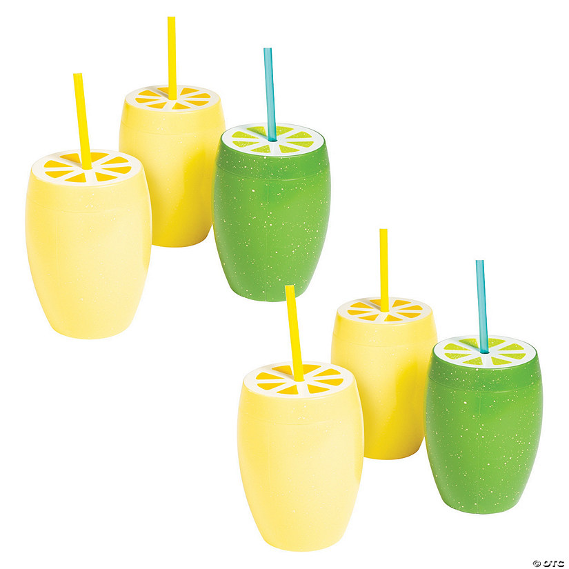 Bulk 48 Ct. Lemon & Lime Reusable BPA-Free Plastic Cups with Lids & Straws Image