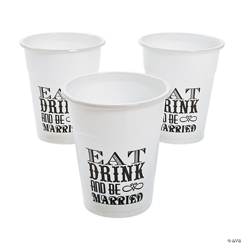 Bulk  50 Ct. Eat Drink & Be Married Typography White Plastic Cups Image