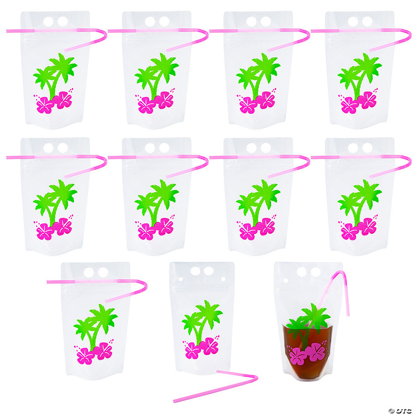 Bulk 50 Ct. Luau Party Collapsible BPA-Free Plastic Drink Pouches with Straws Image
