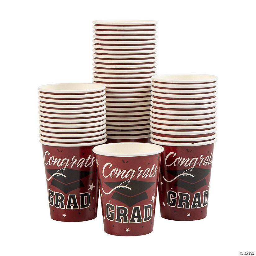 Bulk 50 Pc. Burgundy Graduation Party Congrats Grad & Cap Paper Cups Image
