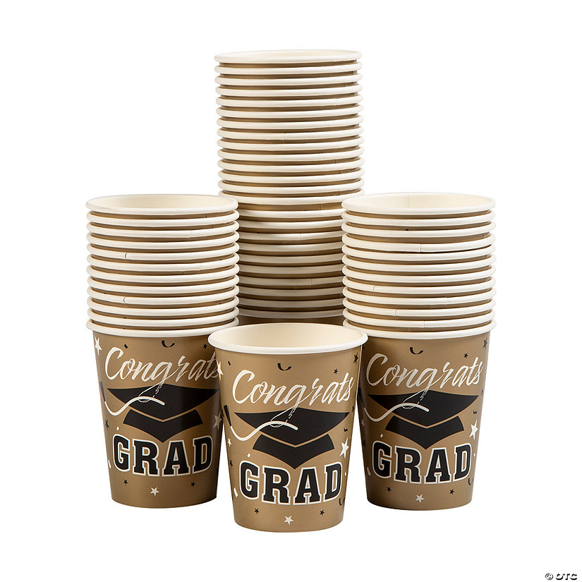 Bulk 50 Pc. Gold Graduation Party Congrats Grad & Cap Paper Cups Image